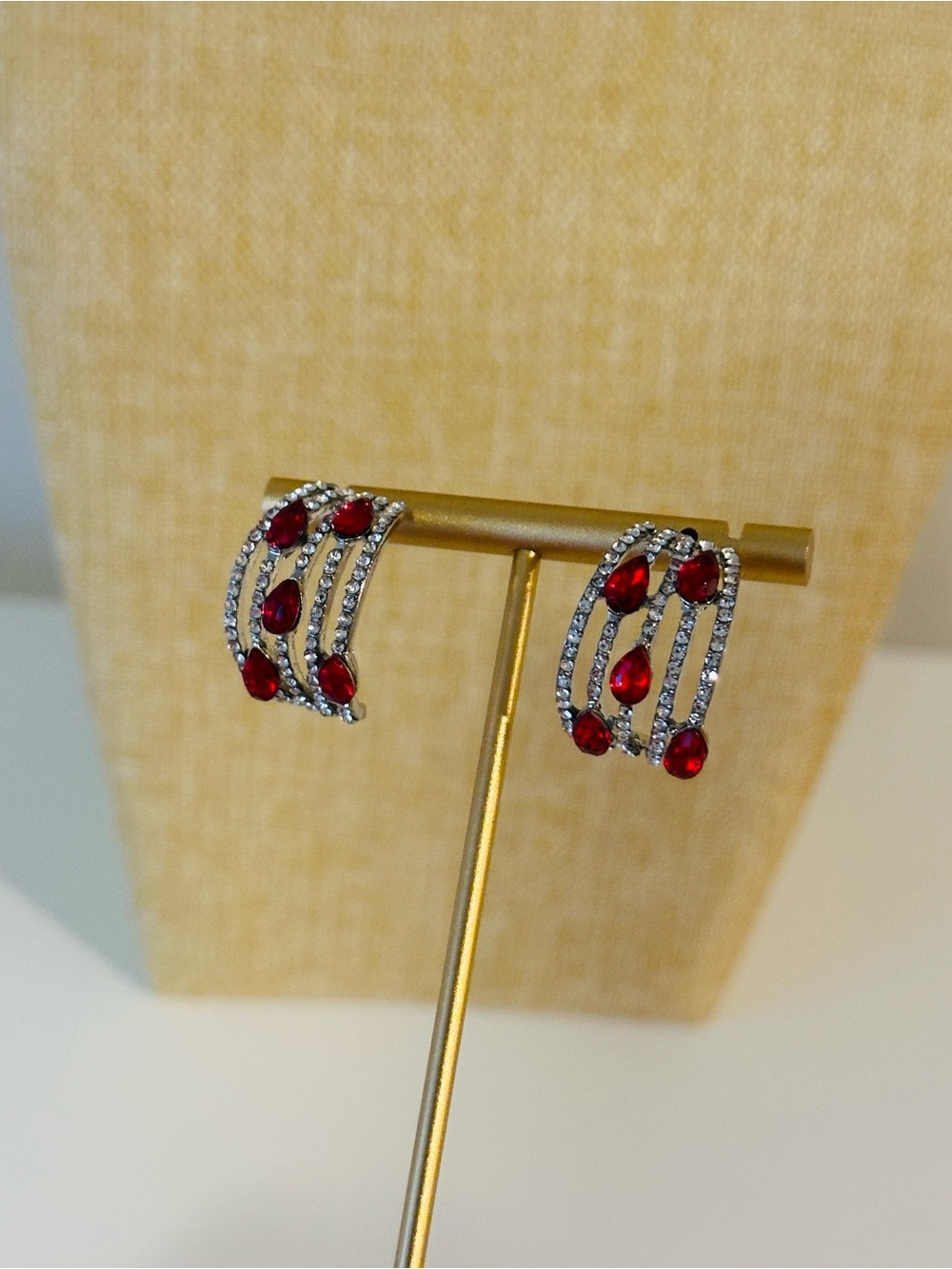 Fashion Jewelry Silver-Tone Earrings with Red Teardrop Crystals
